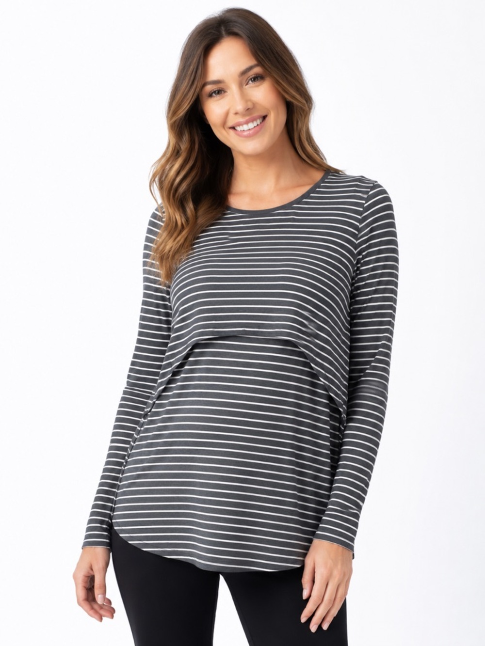 Ripe Maternity Nursing Gray White Stripe Layered Breastfeeding Top